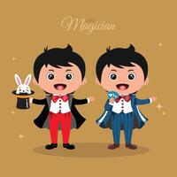 A bundle of two young boy magician cartoon illustration vector