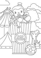 Coloring page outline of cute circus monkey sitting on popcorn with circus tent on the background vector