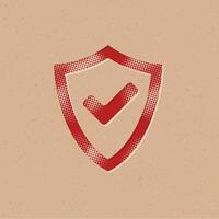 Shield icon with check mark halftone style with grunge background vector illustration