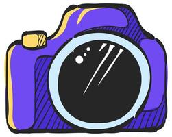 Camera icon in hand drawn color vector illustration