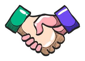 Handshake icon in hand drawn color vector illustration