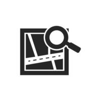 Road map icon with loupe in thick outline style. Black and white monochrome vector illustration.