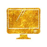 Hand drawn Desktop computer icon in gold foil texture vector illustration