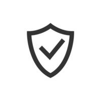 Shield icon with check mark in thick outline style. Black and white monochrome vector illustration.