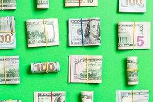 Money Background with american hundred dollar bills on top wiev with copy space for your text in business concept photo