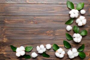 Autumn Floral Flat lay background composition. Dried white fluffy cotton flower branchwith green leaf top view on colored table with copy space photo