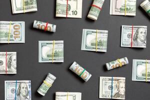 colored Background with money american hundred dollar bills on top wiev with copy space for your text in business concept photo