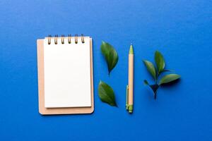 eco-friendly Empty notebook with pen and green leaf on Colored background for note photo