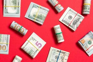 colored Background with money american hundred dollar bills on top wiev with copy space for your text in business concept photo