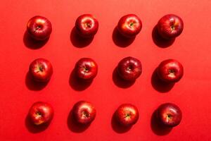 Many red apples on colored background, top view. Autumn pattern with fresh apple above view photo