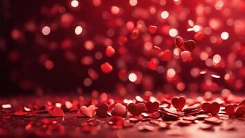 AI generated Romantic background with falling red hearts confetti and defocused bokeh lights. Love concept, Valentines day design photo