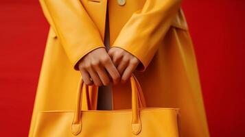 ai generado cerca arriba mujer manos con amarillo cuero bolsa. elegante dama vistiendo en amarillo cuero Saco aislado en rojo antecedentes. selectivo atención foto