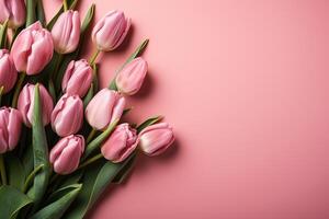 AI generated Bouquet of pink tulips isolated on pastel pink background with copy space. Left border made of flowers. Happy Valentine's day, Mother's Day or Easter concept photo