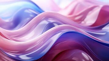 AI generated Glossy abstract 3D digital waves in pink, purple and blue colors. Close up flowing iridescent holographic texture. Shiny plastic waves and stripes background photo