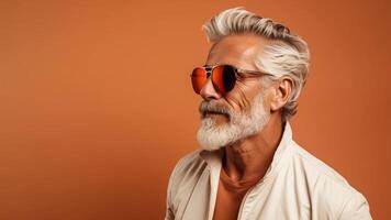 AI generated Handsome mature man in sunglass with grey beard, mustache and stylish haircut. Male portrait a profile on orange background with copy space photo