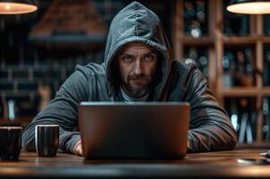 AI generated Man hacker in grey sweatshirt with hood sitting at a table and working on laptop in cafe or living room photo