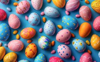 AI generated Colorful handmade easter eggs on blue background. Top view, flat lay photo