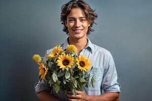 AI generated Handsome smiling young man with a bouquet of yellow sunflowers. A happy guy with curly hair and a casual blue shirt photo