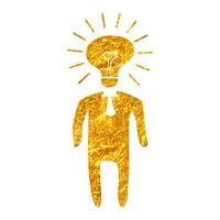 Hand drawn Light bulb head icon in gold foil texture vector illustration