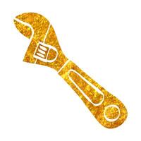 Hand drawn adjustable wrench icon in gold foil texture vector illustration