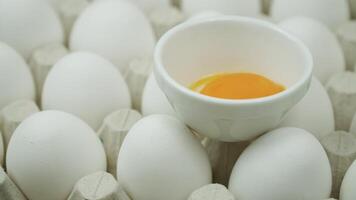 een gebroken ei tussen een veel van wit eieren in karton ei dozen draaien video