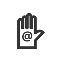 Hand with email icon in thick outline style. Black and white monochrome vector illustration.