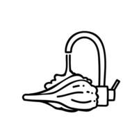 Vegetable washed under kitchen sink faucet. Hand drawn vector illustration. Editable line stroke.