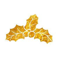 Hand drawn Holly leaves icon in gold foil texture vector illustration