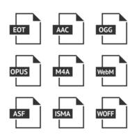 File format icon series in black and white. Web video and audio media. Vector illustration.