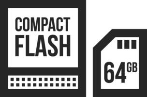 Compact flash and SD card icon in thick outline style. Black and white monochrome vector illustration.