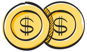 Coin money icon in hand drawn color vector illustration