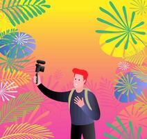 Man taking video using digital camera in front of colorful vegetation vector