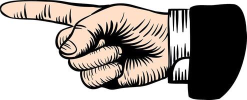 Pointing index finger in retro sketch style color vector illustration