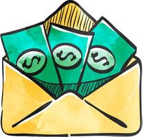 Money envelope icon in watercolor style. vector