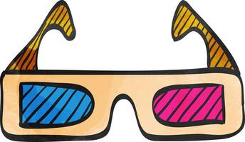 3D glasses icon in color drawing. Object entertainment three dimensional vision watching movie film vector