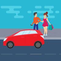 Man and woman walking hand in hand to a car. Romantic relationship, shopping. Vector illustration.