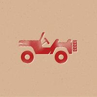 Military vehicle halftone style icon with grunge background vector illustration