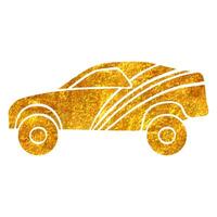 Hand drawn Rally car icon in gold foil texture vector illustration