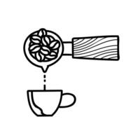 Coffee machine portafilter pouring liquid into cup icon. Hand drawn vector illustration. Editable line stroke