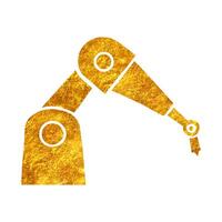 Hand drawn industrial robotic arm icon in gold foil texture vector illustration