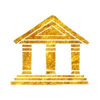 Hand drawn Bank building icon in gold foil texture vector illustration
