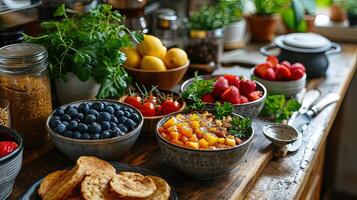 ai generado lleno de nutrientes desayuno mesa un variedad de Fresco frutas y nueces para un sano comienzo foto