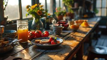 ai generado lleno de nutrientes desayuno mesa un variedad de Fresco frutas y nueces para un sano comienzo foto