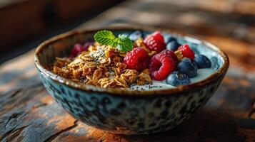 ai generado lleno de nutrientes desayuno mesa un variedad de Fresco frutas y nueces para un sano comienzo foto