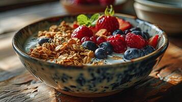 ai generado lleno de nutrientes desayuno mesa un variedad de Fresco frutas y nueces para un sano comienzo foto