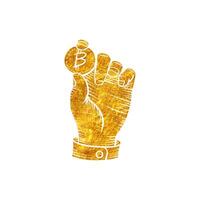 Hand holding bitcoin coin in gold foil texture vector illustration