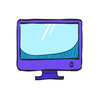 Desktop computer icon in hand drawn color vector illustration