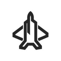 Fighter jet icon in thick outline style. Black and white monochrome vector illustration.