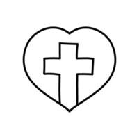 Christian cross inside heart shape icon. Hand drawn vector illustration. Editable line stroke.