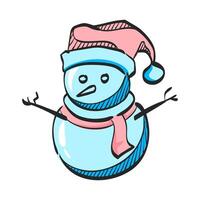 Snowman icon in hand drawn color vector illustration